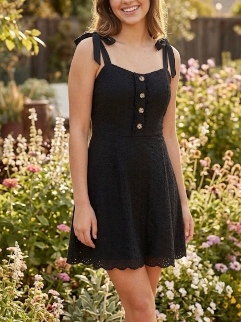 SPEECHLESS Spaghetti Strap Eyelet Lined Dress, Girls Medium, Black
